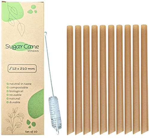 10 pajitas de caña de azúcar, reutilizables con cepillo de limpieza, punta, pajitas gruesas de Boba, juego de pajitas de 12 mm, aptas para todas las bebidas