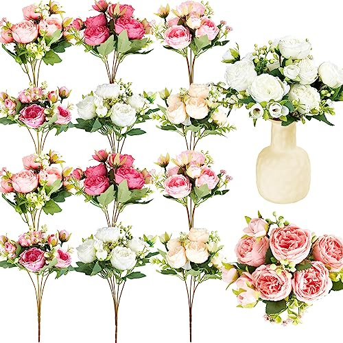 Jexine 12 Bundles Silk Artificial Peonies Flowers Faux Peony Bouquet Fake Peonies Artificial Flowers Bouquets for Vase Floral Arrangements Wedding Home Table Decoration (Colorful)