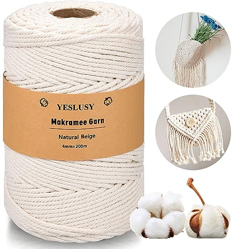 YESLUSY Hilo de Macramé de Algodón 4mm x 200m | Cuerda de Algodón Gruesa para Manualidades, Plantas Colgantes y Decoración Bohemia | 100% Natural y Biodegradable | Colgante de Flores