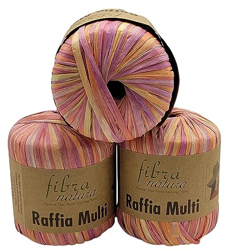 105 Gramm Fibra Natura Raffia Multi Bast-Garn bunt, 100% Viskose/Zellulose, Makramee Kordel Naturgarn mehrfarbig (flieder apricot orange ua 117-13)