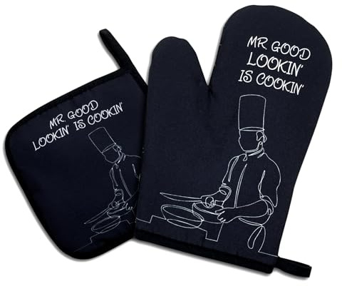Mr.Good Looking is Cooking,Funny Oven Mitts and Pot Holders Sets of 2,Silicone Non-Slip Oven Mitts,Kitchen Gift for Men,Cooking Baking BBQ Gifts,Chef Gift