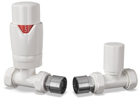 UK Radiators Thermostatic Radiator Valve Set 1/2 x 15mm - Solid Brass TRV | White Finish - Solid Brass 1/2 x 15mm Straight - Lockshield Included, Easy Installation