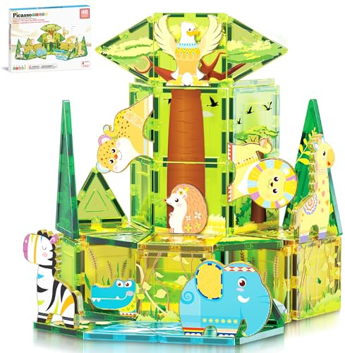 PicassoTiles Magnet Tile Building Block Safari Themed Set with 8 Compatible Magnetized Animal Action Figures Build Blocks Toddler Creativity Toys STEAM Educational Learning Skills Ages 3+ PTQ12