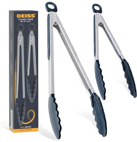 Pinze da cucina Deiss PRO con punte in silicone - Pinze da cucina per cucinare, BBQ, Air Fryer - Pinze in silicone resistenti al calore, Sblocco a tirare, set di 2, 9'' e 12''