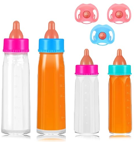 Ruikdly Magische Flasche, 4 Stück Puppenflasche Mit Milch und 3 Stück Puppenschnuller, Baby Puppe Milchfläschchen mit Verschwindender Milch, Puppe Zubehör Geschenke für Kinder, ab 3 Jahre
