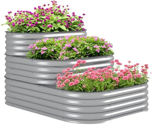 Outsunny Hochbeet aus Metall 3-stufiger Pflanzkasten Silber 158x109x82 cm | DIY Blumenkasten, Kräuterbeet mit Sicherheitskanten, Gemüsebeet für Garten, Balkon