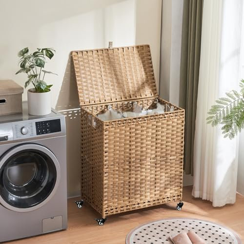 Laundry Hamper with Wheels&Lid, 50.2 Gallons(190L) Rolling Laundry Basket with Wheels, 3-Section Laundry Hamper, Handwoven Rattan Clothes Hamper with 6 Removable Liner& 3 Mesh Laundry Bags, Natural