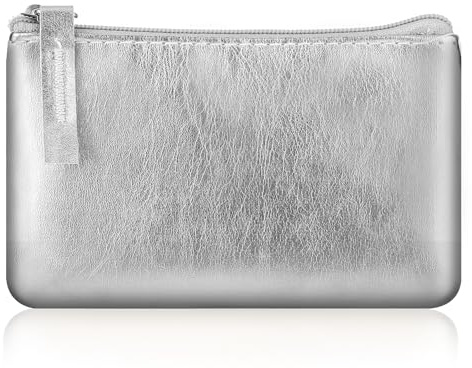 Andibro Geldbörse Damen Klein, Glänzendes PU Geldbörse mit Reißverschluss Wasserabweisendes Geldfach Mini Tragbares Portemonnaie für Kreditkarten Schlüssel (Silber)