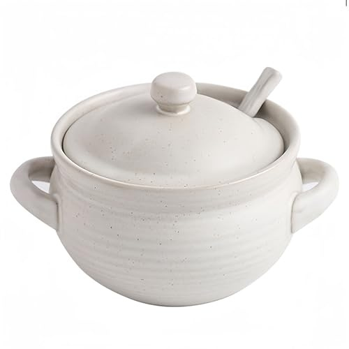 Dowbom Suppenschalen mit Deckel, französische Zwiebelsuppentöpfe, ofenfest, mikrowellengeeignet, Suppenschüssel mit Löffel, Suppentasse (Weiß, 1000 ml)