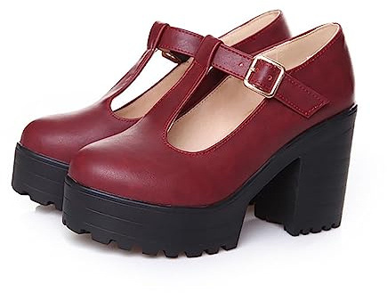 Suelas Para Zapatos Mujer Bloque De Tacón Alto Plataauschuhe Correa Tobillo Zapatos Mary-Jane Punta Redonda Zapatos Verde Mujer Botas, rojo, 41 EU