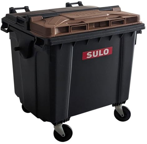 SULO Mini contenedor de basura de 1100 L, réplica | cubo de basura pequeño | escritorio soporte para bolígrafo | gris con tapa marrón | coleccionable | 18 x 18 x 15 cm