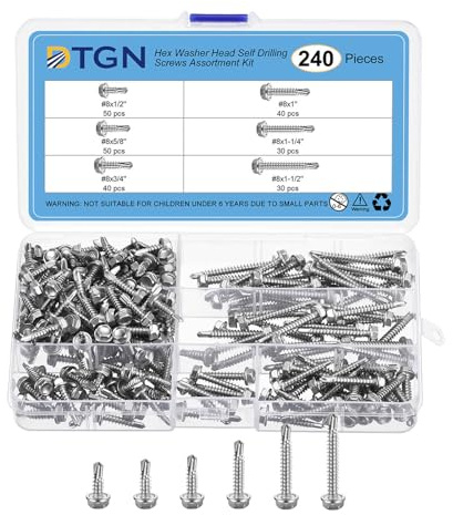 DTGN 240Pcs #8 Vis Autoforeuses À Tête Hexagonale Avec Rondelle Kit - 410 Acier Inoxydable Vis Auto-Taraudeuses Pour Tôle Kit Assortiment - Admirable Pour Métal