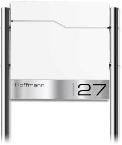 Metzler Briefkasten mit Pfosten in RAL 9016 Verkehrsweiß Enno - Standbriefkasten mit V2A Edelstahl Namensschild & Zeitungsfach - Briefkasten mit Gravur - Postkasten, Größe: 37 x 37 x 10,5 cm