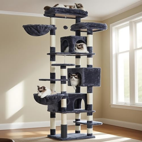Hey-brother Arbre à Chat XXL, Arbre pour Chats Multi-Niveaux de 188 cm de Haut, équipé de 2 Grandes Plateformes, 3 Trous, 2 Paniers, des Colonnes de Sisal pour Griffer, Gris fumé 0EMPJ035-MG