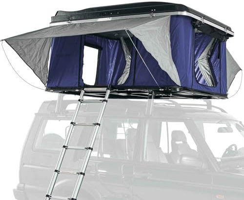 Prime Tech | Hartschalen-Autodachzelt Nevada Pro 210x135 cm Schwarz/Azur-blau | 3D-Mesh & 6cm Matratze | Ripstop-Zeltstoff | Automatik-Öffnung | Hardshell Dachzelt 47 kg