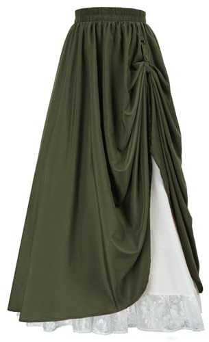SCARLET DARKNESS Gonna rinascimentale da donna con balze in pizzo, a vita alta, linea ad A, maxi gonna, verde militare, M