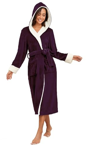 RONGTAI Bata con capucha de forro polar de felpa para mujer, camisón grueso, bata larga, ropa de dormir con dos bolsillos laterales y cinturón, Púrpura oscuro, XL