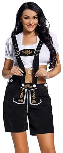 Lederhose Damen Tracht, Trachtenhose Kurz Trachtenlederhosen Für Damen Schwarz Braun mit Träger Elegante Kniebundhosen Hose Trachtenlederhose Oktoberfest Outfit Trachten Lederhosen