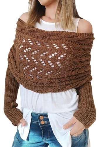 Damen-Strickschal mit Zopfmuster, mit Ärmeln, multifunktional, gemütlicher Ärmel, dunkelbraun, Einheitsgröße