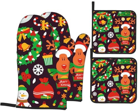 Ofenhandschuhe und Topflappen-Set, Weihnachtskranz, Rentier, hitzebeständig, Küchen-Backhandschuhe, rutschfeste Oberfläche zum Kochen, Backen, Grillen, Grillen