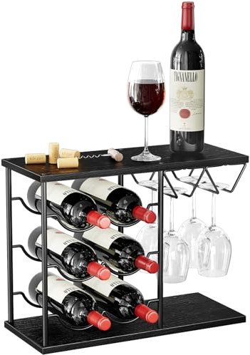 Nuovoware Wine Racks Countertop, Wine Bottle Holder for 6 Bottles & 4 Glasses Holder, Metal Wine Storage Organizer for Kitchen, Bar, Table, Cabinet, Wine Cellar, Black
