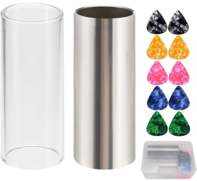 RuiJOTWAT 2 Pcs Glass Slide And Stainless Steel Slides Bar For Electric Guitar, Bass, With 10 Picks