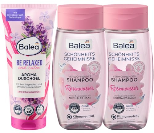 Balea 3er-Set-Körperpflege: Aroma Duschgel Relax beruhigendes & entspannendes Duscherlebnis mit ätherischem Öl, 200 ml + Shampoo Rosenwasser Glanz & Leichtigkeit für normales Haar, 2 x 250 ml, 700 ml