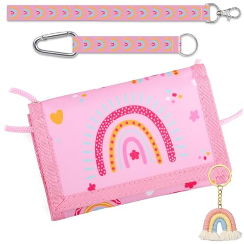Rainbow Velcro Wallet Kids Trifold Coin Holder with Zipper, Kids Chest Wallet for Boys and Girls, with 3 Lanyards and Key Ring, Cartoon Purse for Children Birthday Gifts