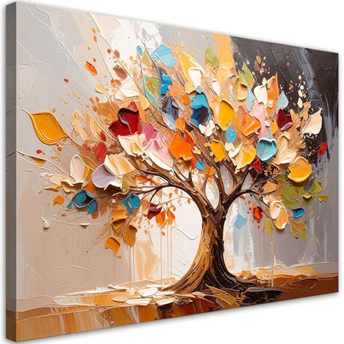 Feeby Quadri Camera Da Letto - Stampa su Tela - Quadro Moderno Soggiorno - Albero della vita colorato in 3D imitazione pittura - 120x80 cm - Decorazione Da Parete