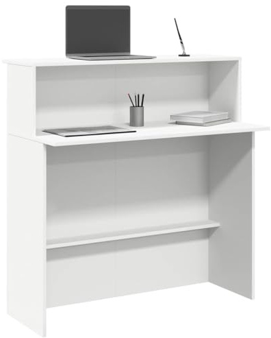 Mandloder Empfangstheke Weiß 100x50x103,5 cm, Robuster Holzwerkstoff Bürotisch mit Integriertem Regal, Vielseitiger Kassentresen für Büro, Hotel & Salon