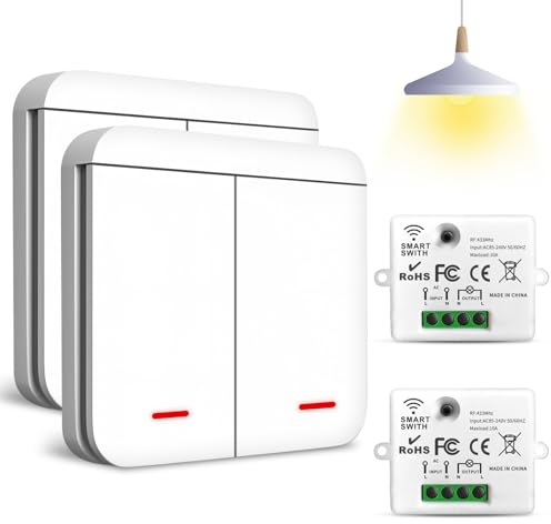 Ghekkli 433Mhz Interrupteur D'éclairage Sans Fil, Interrupteur Va et Vient Sans Fil avec Récepteur- 2200W/10A (Kit 2pièce 2 in 1 interrupteurs + 2 récepteurs), Commutateur Mural Intelligent sansFil