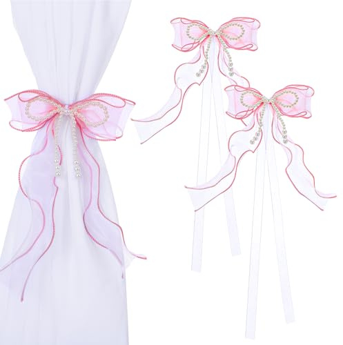 Pink Bow Decor Curtain Ties, 2Pcs Cute Bow Curtain Tiebacks Exquisite Curtains Tiebacks with Bows Pink Bows Room Decor for Home Bedroom Offices Dining Party Wedding Decoration