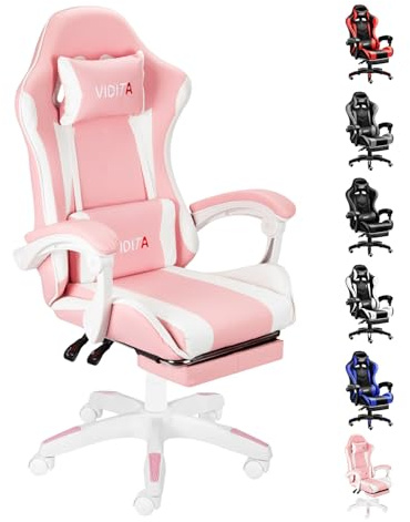 Ergonomischer Gaming Stuhl mit Fußstütze, verstellbarer Gaming Chair mit Lendenkissen, Kopfstütze & 135° Rückenlehne, drehbarer Bürostuhl für Büro, Homeoffice & Zocken mit Komfort, Weiß & Rosa, 150kg