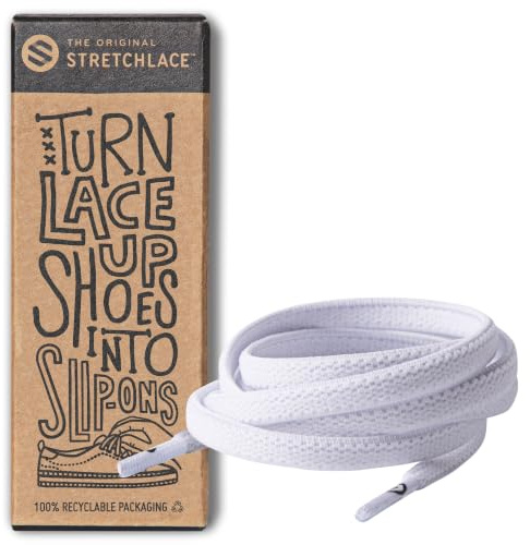 THE ORIGINAL STRETCHLACE Flat Elastic Shoelaces - Stretch Laces Turn Shoes to Slip-Ons, No-Tie Comfort, As Seen on Shark Tank, White, 45 in (114 cm)