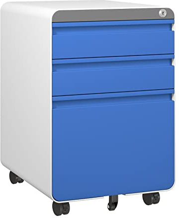 Dripex Metall Rollcontainer Stahl Rollcontainer mit 3 Schubladen und Hängeregistratur Abschließbarer Büroschrank Bürocontainer 5 Räder Aktenschrank 40 x 45 x 60 cm