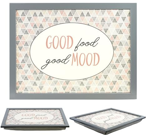 MTS Wooden Lap Trays with Bean Bag Cushion - Good Food Good Mood Design - Large Padded Tray for Adults - Suitable for Food, Work, Art, Studies, TV, Sofa, Bed - Great for Food Lovers