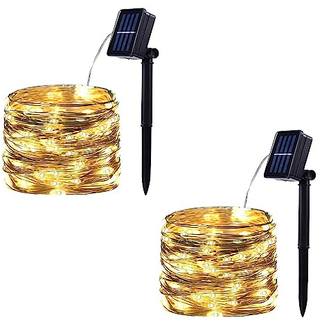 SPRKLINLIN 2 Pack 100 LED Solar Powered String Lights, Each 33FT Copper Wire 8 Modes Solar Fairy Lights Outdoor Waterproof for Garden, Patio, Party, Christmas, Home (Warm White)