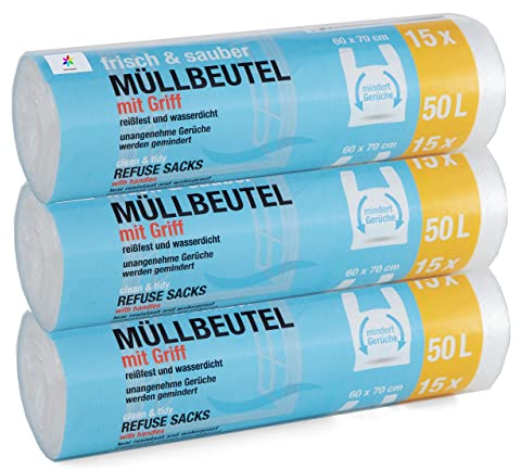 45 sacchetti della spazzatura della linea di alta qualità: 50 litri, confezione da 3 pezzi, dimensioni: 60 x 70 cm. Particolarmente resistenti agli strappi e impermeabili, con manico.
