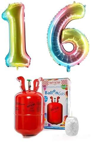 PARTY FACTORY Helium Set 16 mit XXL Zahlenballons, Ballongas und Ballonschnur - für Geburtstag, Jubiläum, Jahrestag; Gold, Silber, Schwarz, Pink, Rosa, Rosagold, Bunt (Regenbogen)