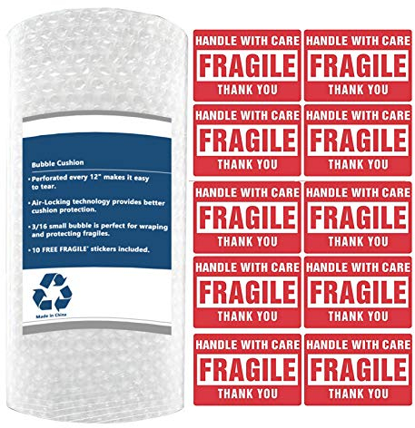 Luftpolsterfolie, Versandfolie Rolle zum Verpacken empfindlichen Objekte Perforiert alle 12 , Recycelbar Polsterfolie Bubble Wrap 0,3X 11M mit Zerbrechlichen Aufklebern 1Roll