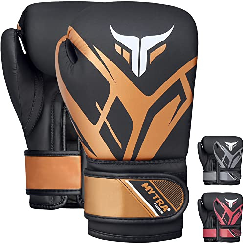 Mytra Fusion Kids boxningshandskar Junior boxningshandskar med ventilerad Palm MMA, Muay Thai, sparring, slåss, stanshandskar (Black/Gold, 8-oz)