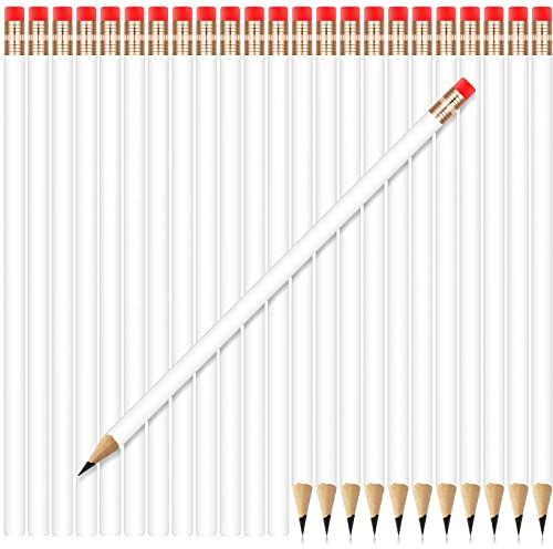 Outus 24 Pieces Round Pencils Cute HB Graphite Wood Pencils Pack with Eraser for School Drawing Sketching Wedding Office Supplies(White)