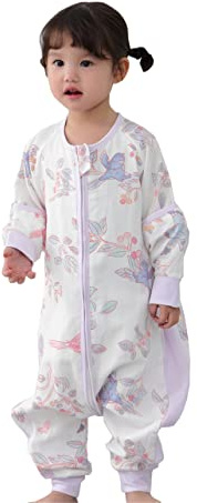 Chilsuessy Baby Ganzjahres Schlafsack mit abnehmbar Ärmeln 1.5 Tog 100% Baumwolle Kinder Sommerschlafsack mit Füßen Schlafanzug für Junge Mädchen, Frühlingsvogel, M/Baby Höhe 75-85cm