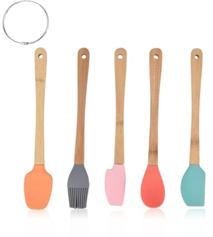 Cyrank 5 Silikon-Mini-Spatel-Set, Küchenspatel Backpinsel, Kleiner Küchenwerkzeug, Mini Spatulas, Silikon Pfannenwender Backwerkzeug Set Backpinsel Löffel Schaber Mit Holzgriffen