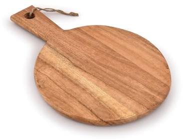 Samhita Planche à découper ronde en bois d'acacia avec poignée pour hacher et servir de la charcuterie, du fromage, de la pizza, du pain - Décoration murale (33,02 cm x 22,86 cm x 1,09 cm)