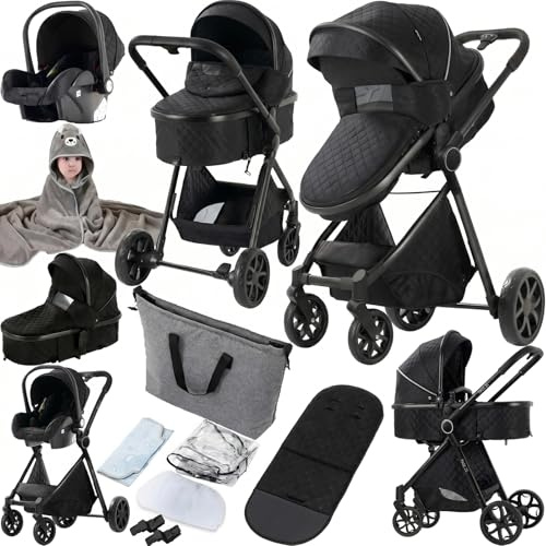 3-i-1-duovagn med resesystem, standardbarnvagn, buggy, nyfödd, bärbar resevagn, vikbar, High Landscape-barnvagn (225 svart)