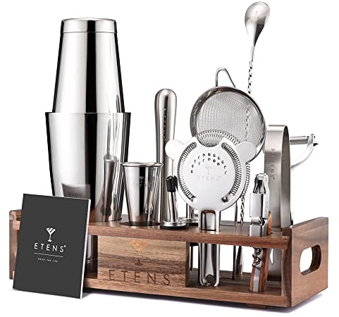 Etens 15-teiliges Barkeeper Set mit Holzständer – Edelstahl Boston Cocktail Shaker Set mit Messbecher, Sieben, Stößel & Bar Zubehör – Profi-Mixologie Cocktail Set Geschenk für Zuhause & Bar