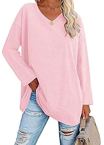 Famulily Women's Basic Long Sleeve Cotton T Shirts Solid Color Comfy V Neck Loose Tunic Tee Shirts Tops