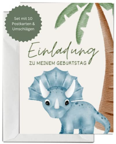 Briefzauber Einladungskarten Kindergeburtstag - Set mit 10 Karten mit Lückentext & Umschlägen | Geburtstagseinladungen Jungen/Mädchen (Typ: Geburtstagskarte Dino, 10 Stück)