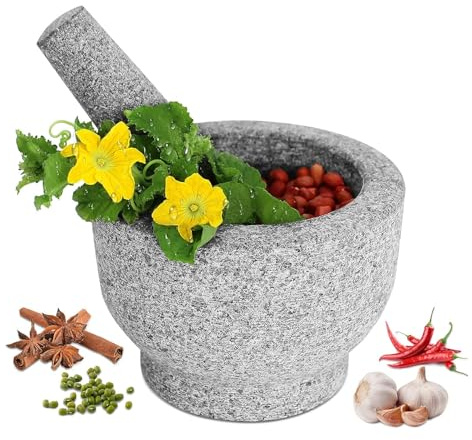 Premium Granite Mortar and Pestle Set - Large 14cm Diameter - Heavy Duty Natural Stone Herb & Spice Grinder for Cooking, Guacamole, Pestos, and Sauces - Easy to Clean, Traditional Design